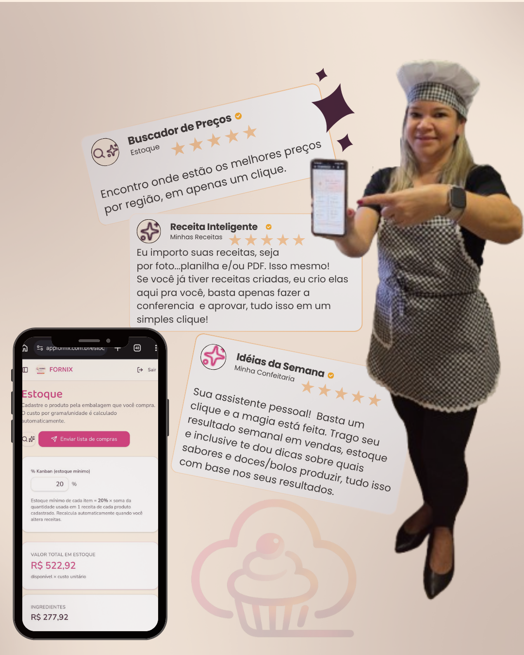 Rosi apresentando o FORNIX com os agentes de IA: Buscador de Preços, Receita Inteligente e Ideias da Semana